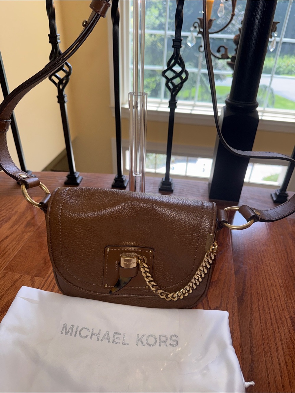 Michael Kors James Brown Pebbled Leather Crossbody with Gold Chain Accent new!
